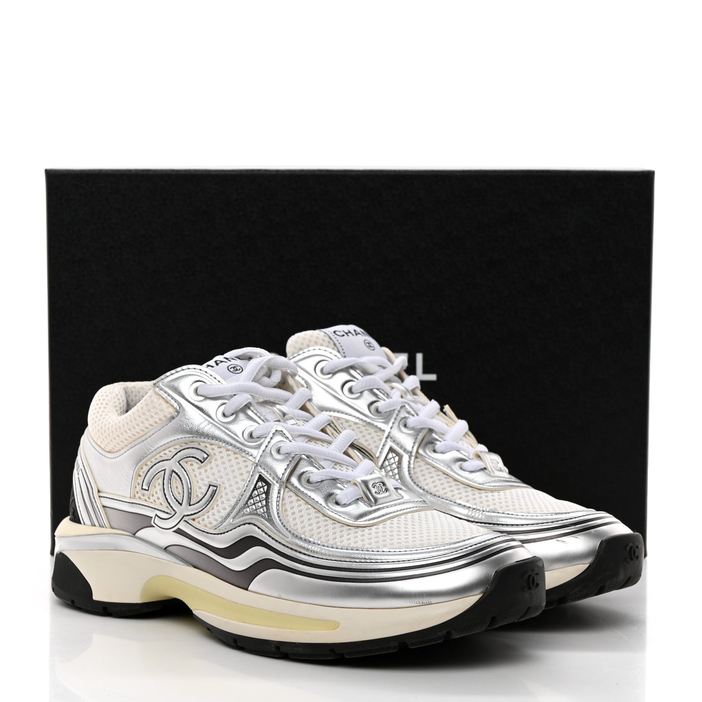 Fabric Laminated Calfskin Stretch CC Womens Sneakers 38.5 White Silver