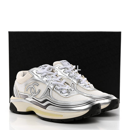 Chanel Fabric Laminated Calfskin Stretch CC Womens Sneakers 38.5 White Silver 11 of 11