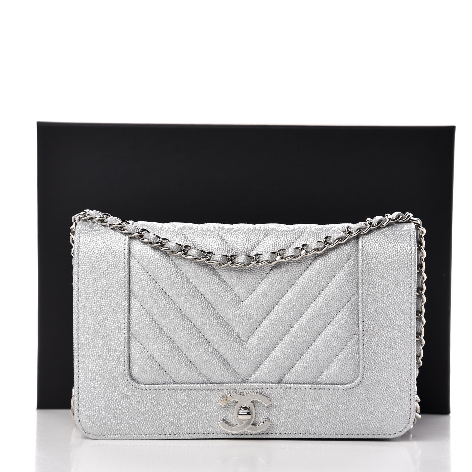 Chanel Metallic Caviar Chevron Quilted Vintage Mademoiselle Wallet On Chain WOC Silver 9 of 9