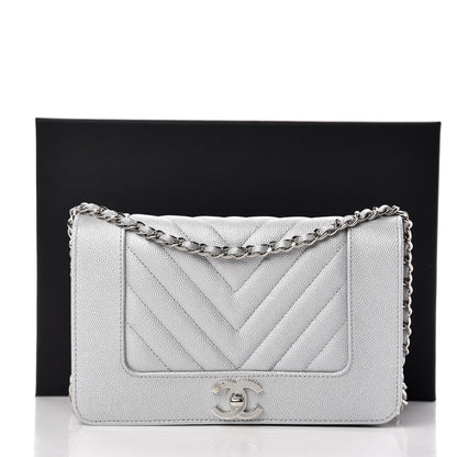 Chanel Metallic Caviar Chevron Quilted Vintage Mademoiselle Wallet On Chain WOC Silver 9 of 9