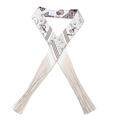 Hermes Silk Festival Des Amazones Bandana Fringed Twilly Craie Brun 1 of 4