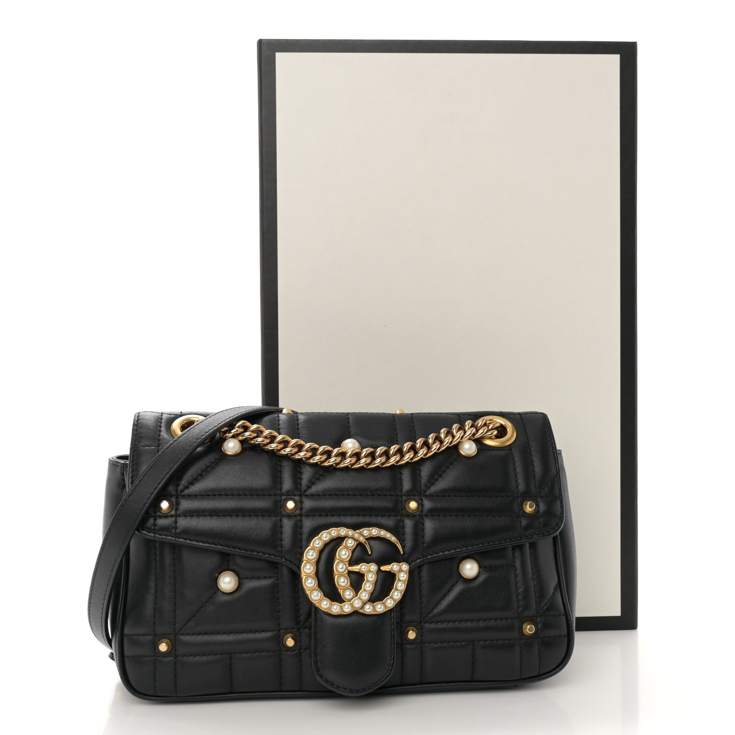 Calfskin Matelasse Studded Small Pearly GG Marmont Shoulder Bag Black