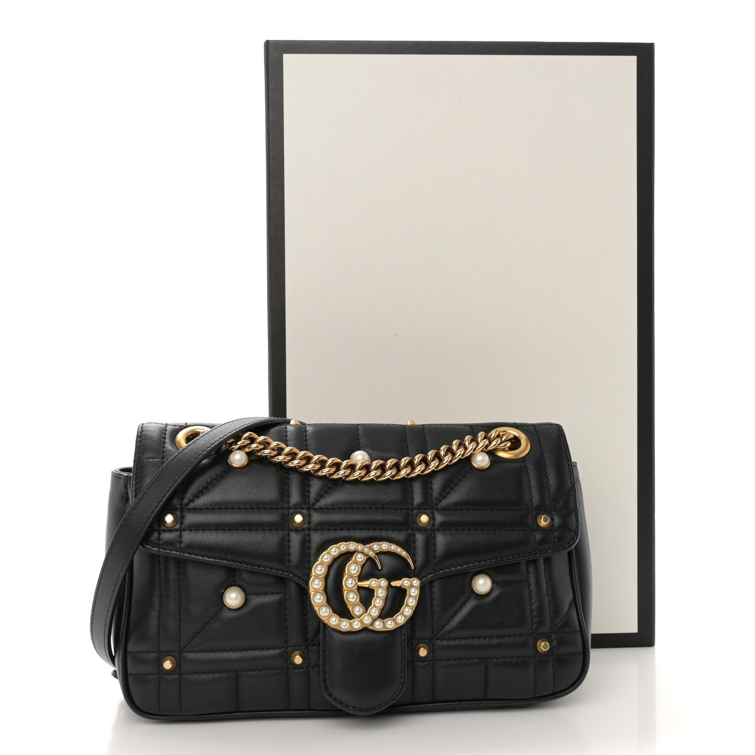 Gucci Calfskin Matelasse Studded Small Pearly GG Marmont Shoulder Bag Black 12 of 12