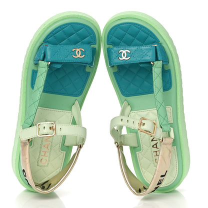 Chanel Lambskin Logo Platform Sandals 39 Turquoise Green Gold 7 of 10