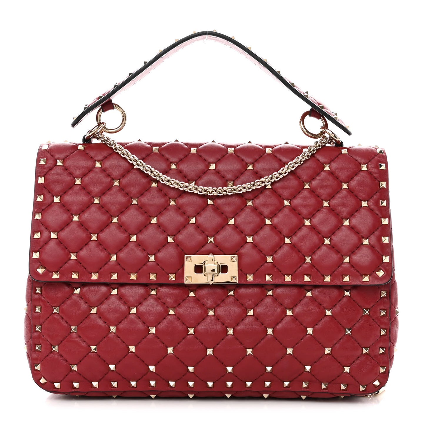 Lambskin Large Rockstud Spike Shoulder Bag Red