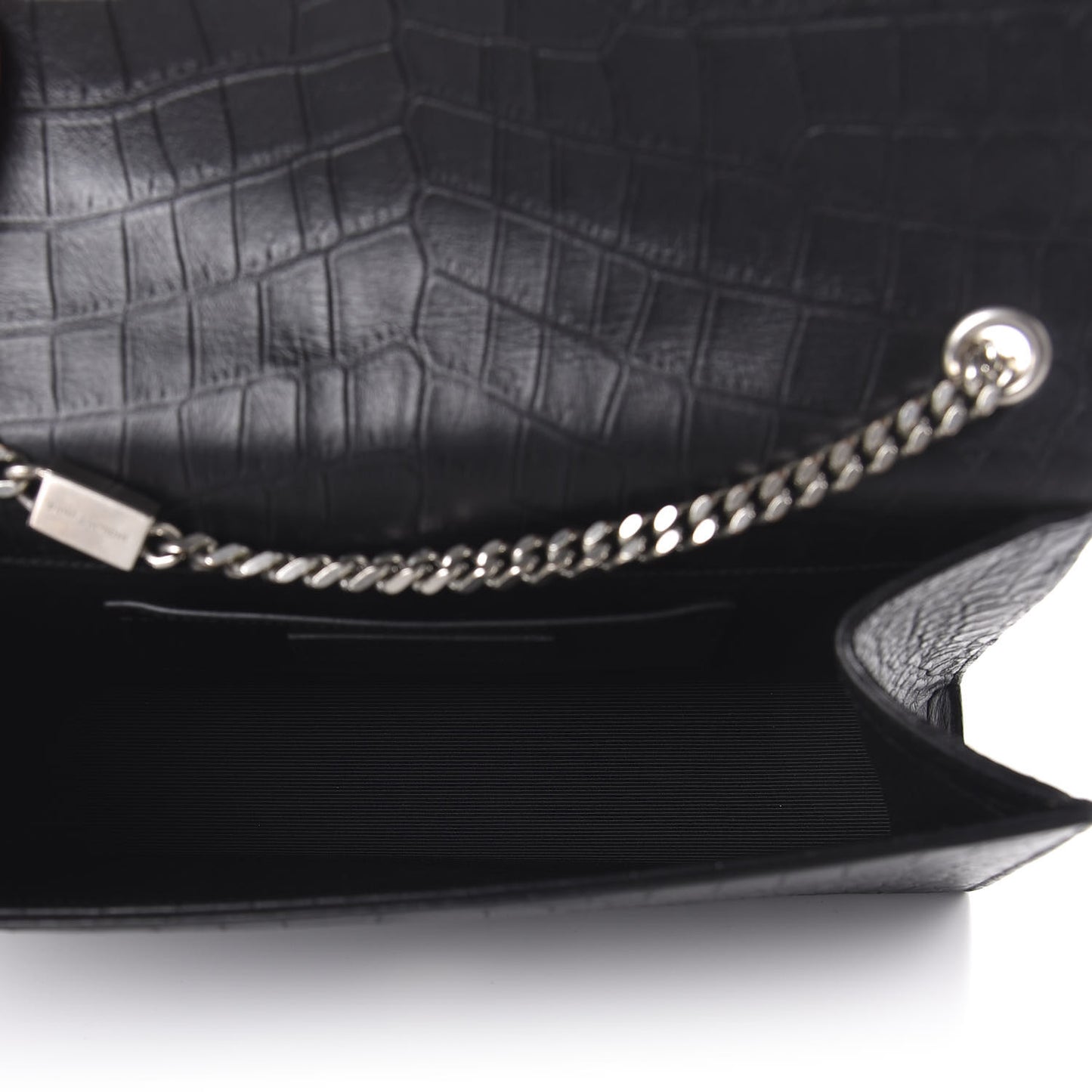 Calfskin Crocodile Embossed Medium Classic Monogram Kate Tassel Satchel Black