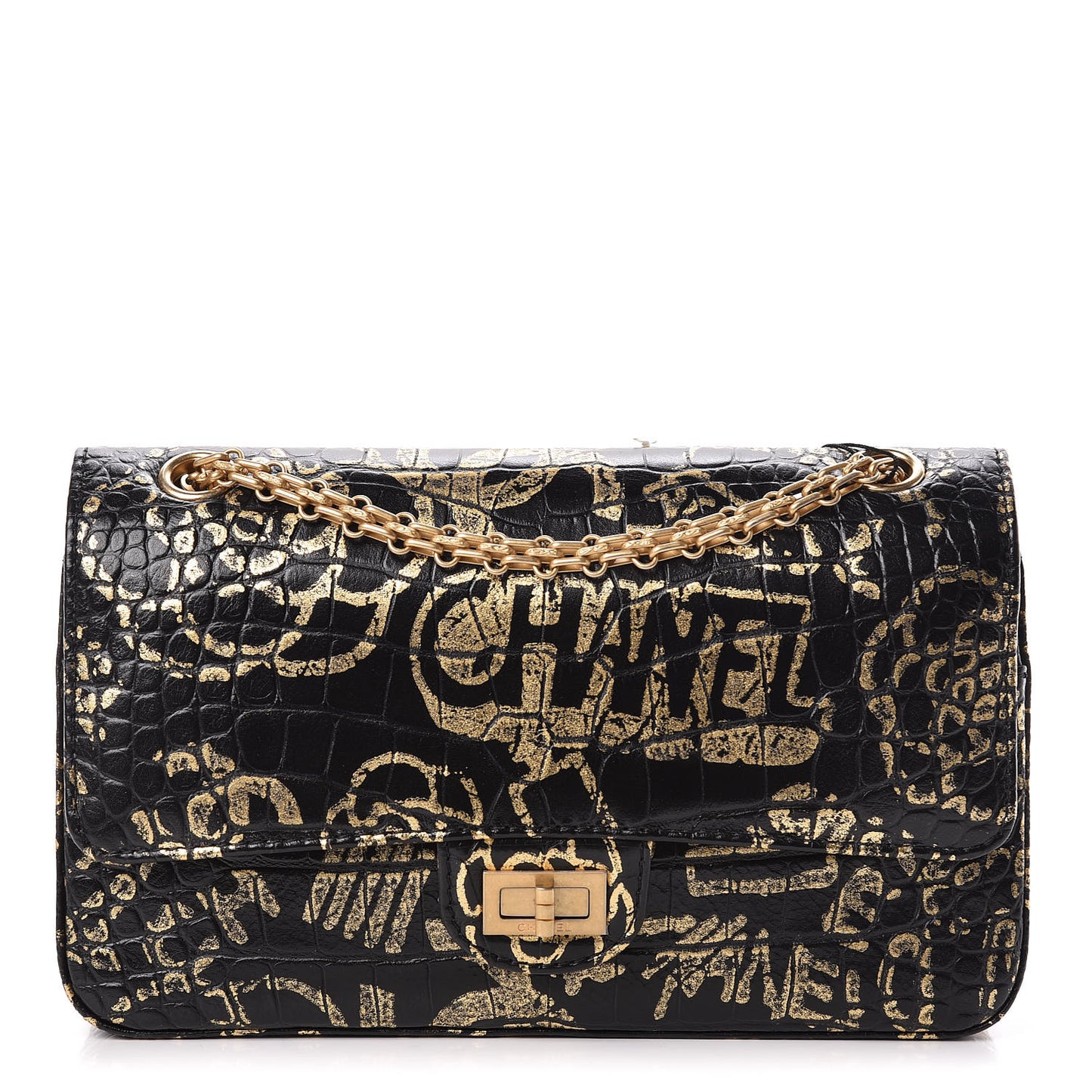 Calfskin Crocodile Embossed Graffiti 2.55 Cocodile Reissue 225 Flap Black Gold