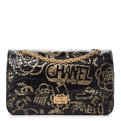 Chanel Calfskin Crocodile Embossed Graffiti 2.55 Cocodile Reissue 225 Flap Black Gold 1 of 14