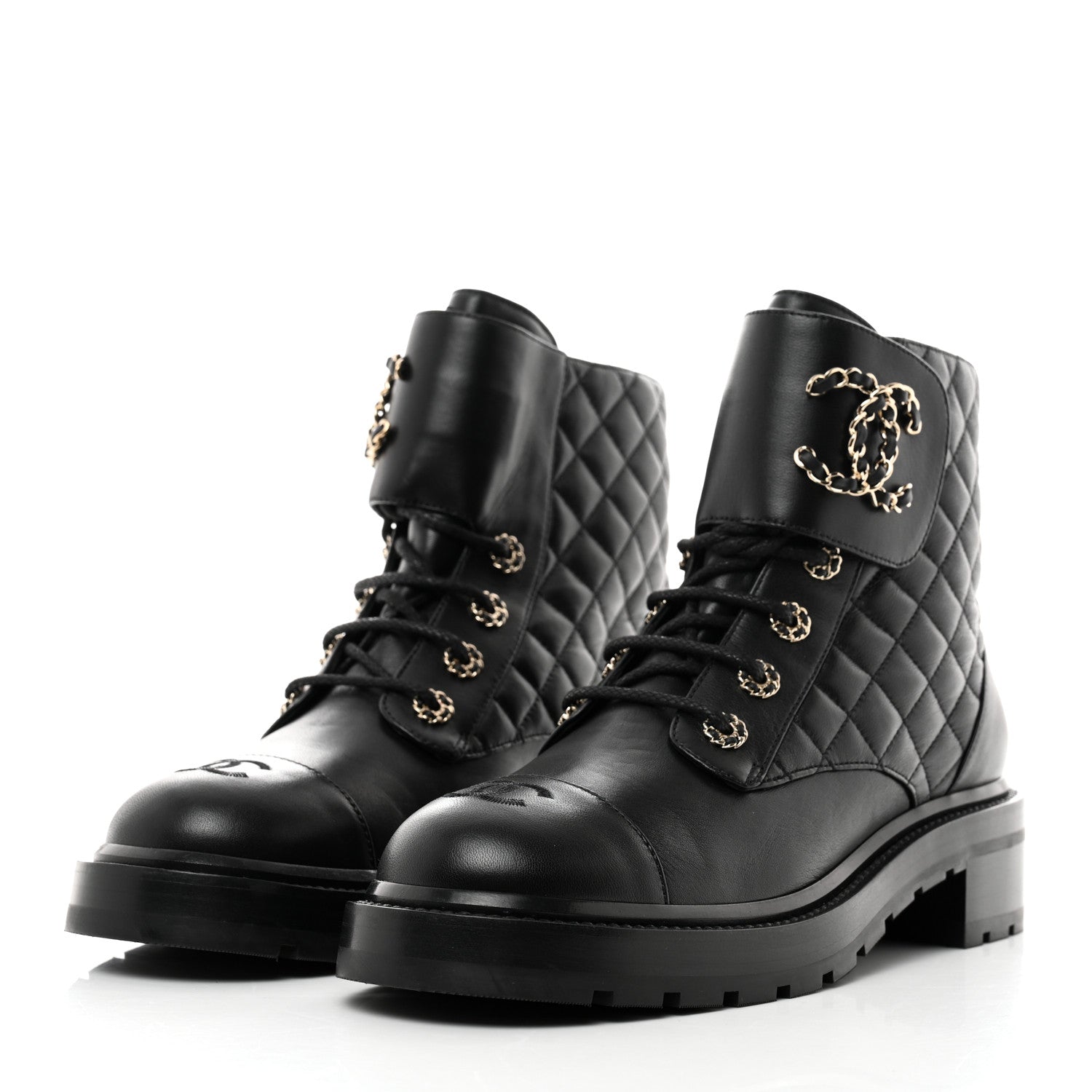 Chanel Shiny Lambskin Quilted Lace Up Combat Boots 41 Black 3 of 9