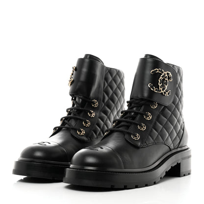 Chanel Shiny Lambskin Quilted Lace Up Combat Boots 41 Black 3 of 9