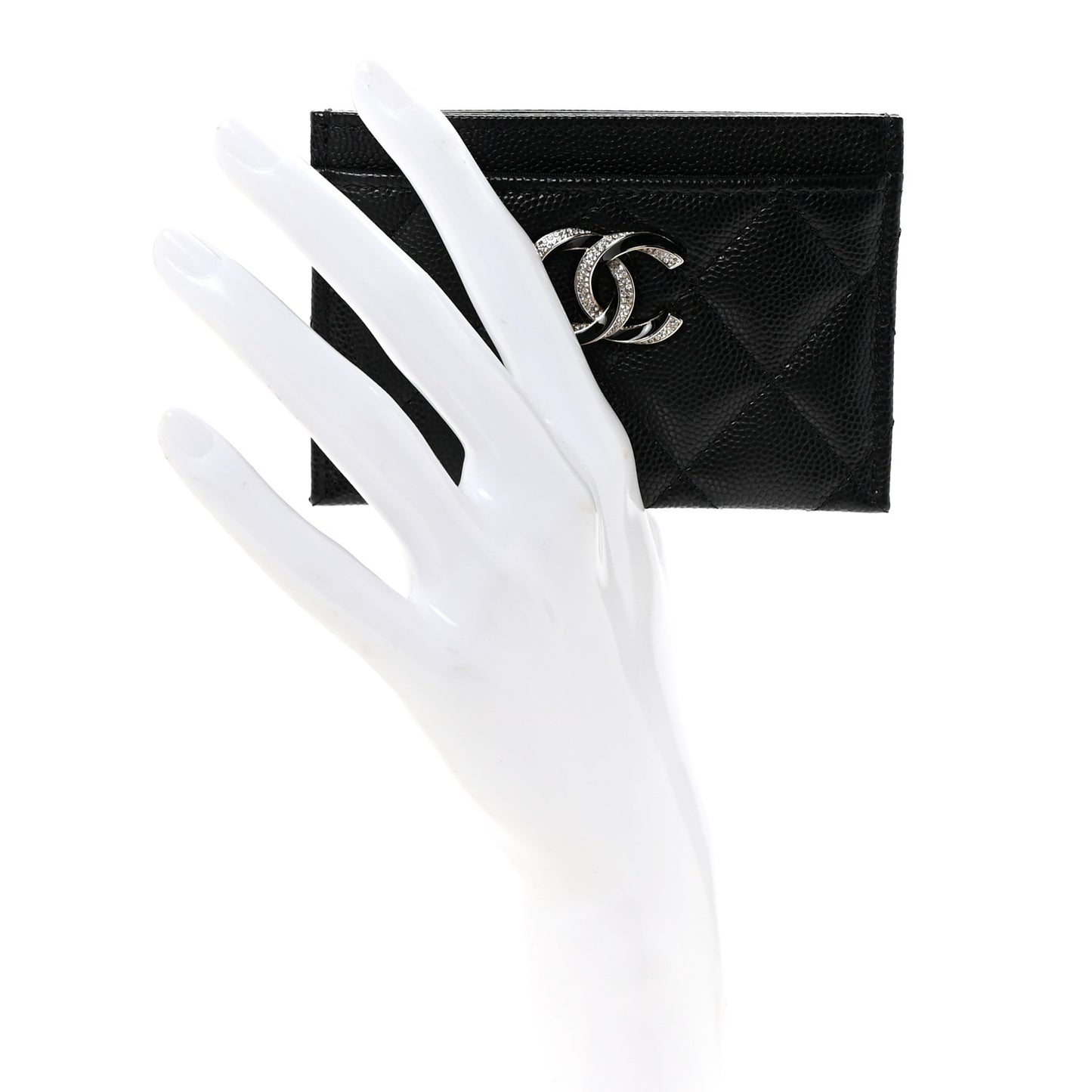 Caviar Quilted Crystal Enamel CC Card Holder Black