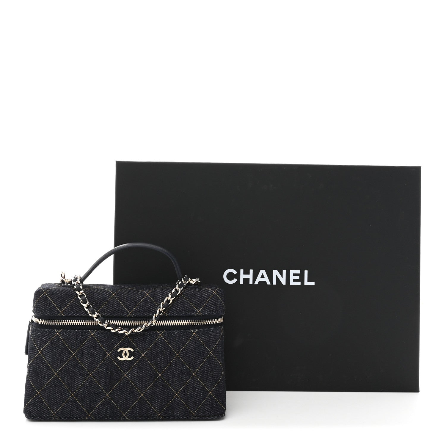 Chanel Denim Quilted Top Handle Slim Vanity Case With Chain Dark Blue Orange 11 of 11