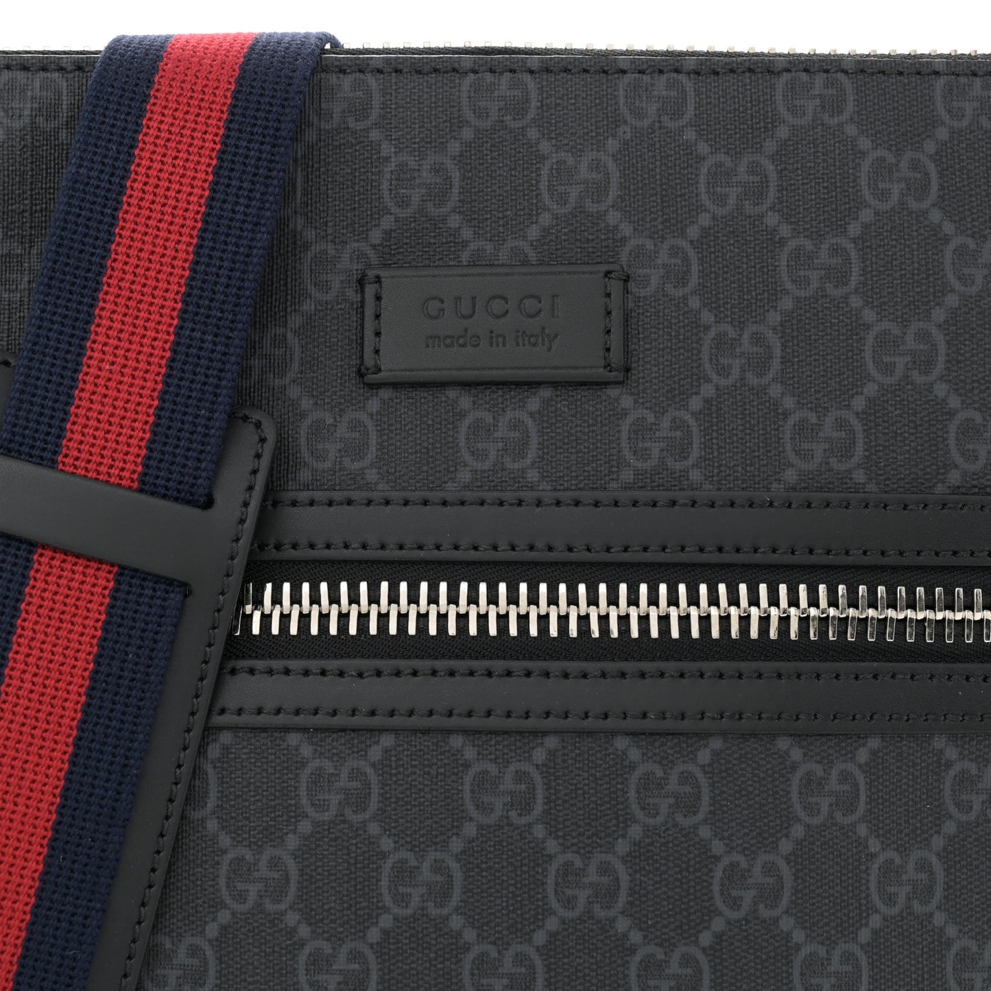 GG Supreme Monogram Appia Calfskin Web Flat Messenger Bag Black Grey