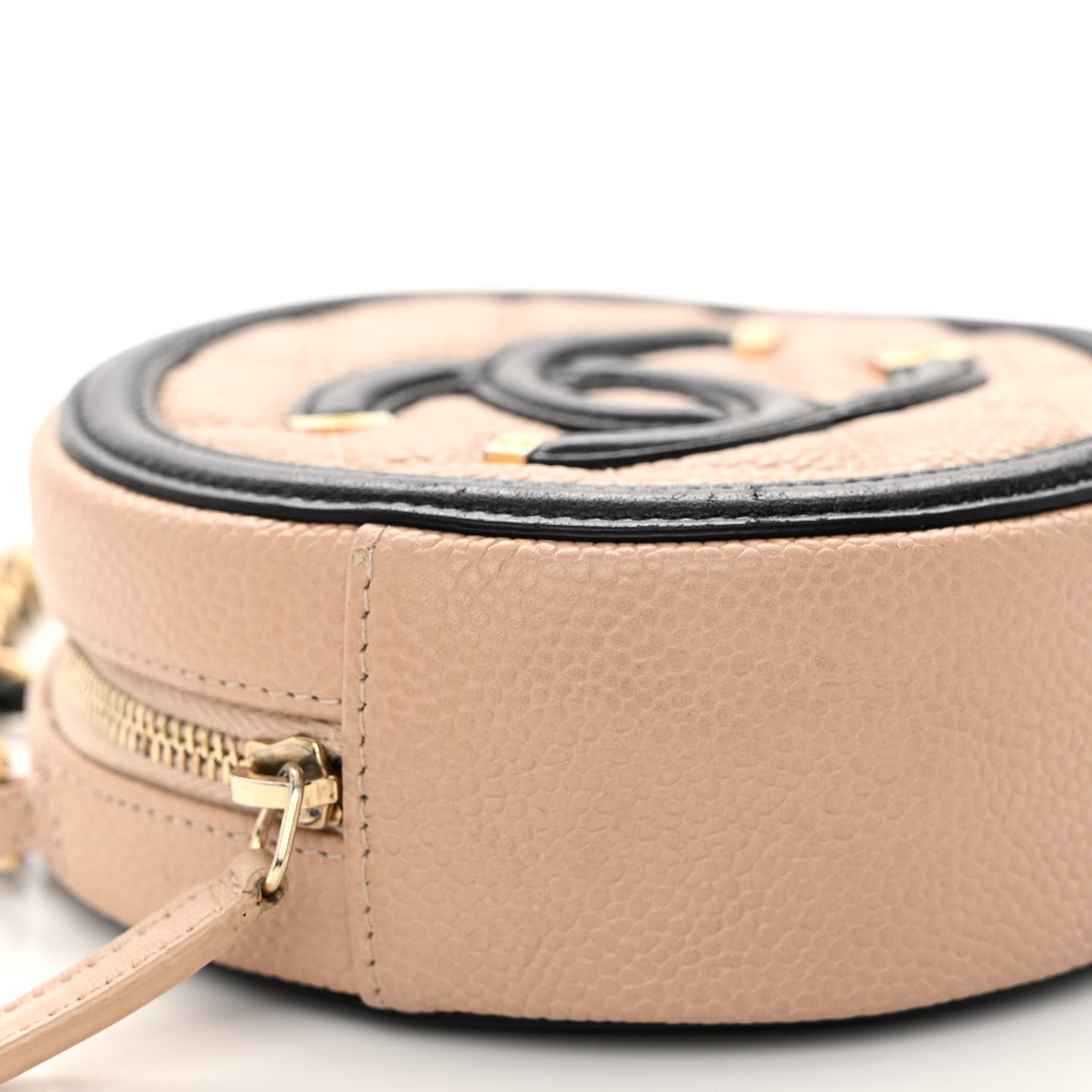Caviar Quilted Round Filigree Crossbody Beige Black