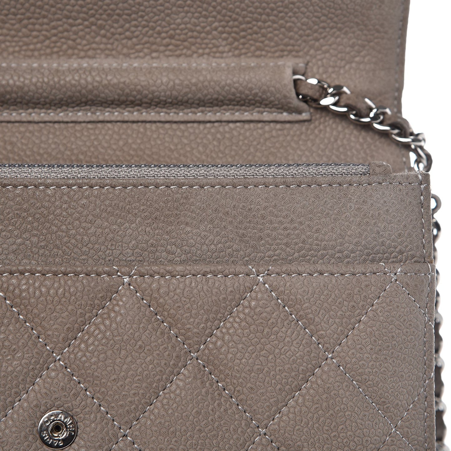 Iridescent Caviar Quilted Wallet On Chain WOC Gray