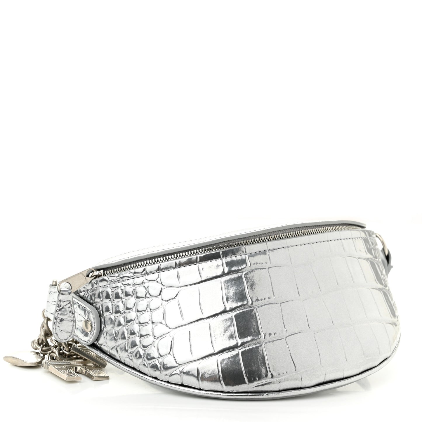 Metallic Calfskin Crocodile Embossed Quilted Souveniers Charms Belt Bag Silver