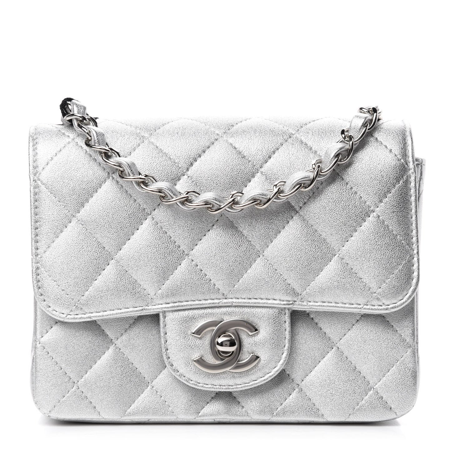 Metallic Lambskin Quilted Mini Square Flap Silver