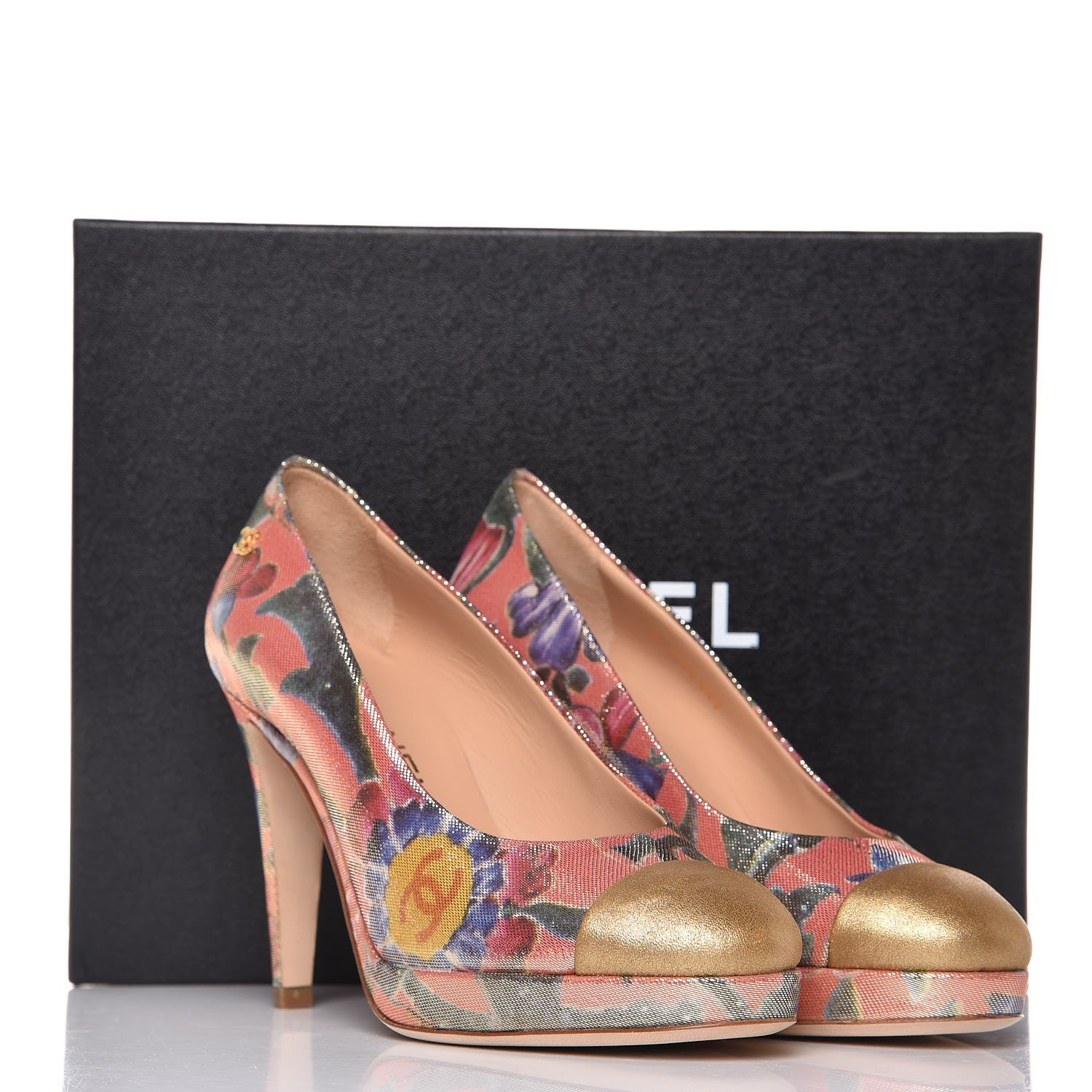 Chanel Crepe Calfskin Floral Printed Metallic Calfskin Pumps 35.5 Corail Gold 9 of 9