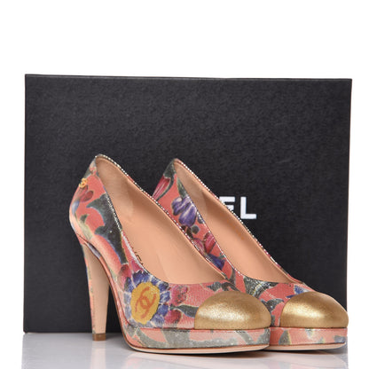 Chanel Crepe Calfskin Floral Printed Metallic Calfskin Pumps 35.5 Corail Gold 9 of 9