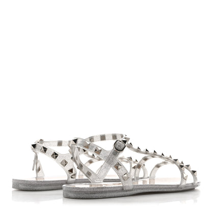 Valentino Garavani PVC Jelly Glitter Rockstud Caged Sandals 40 Silver 5 of 8
