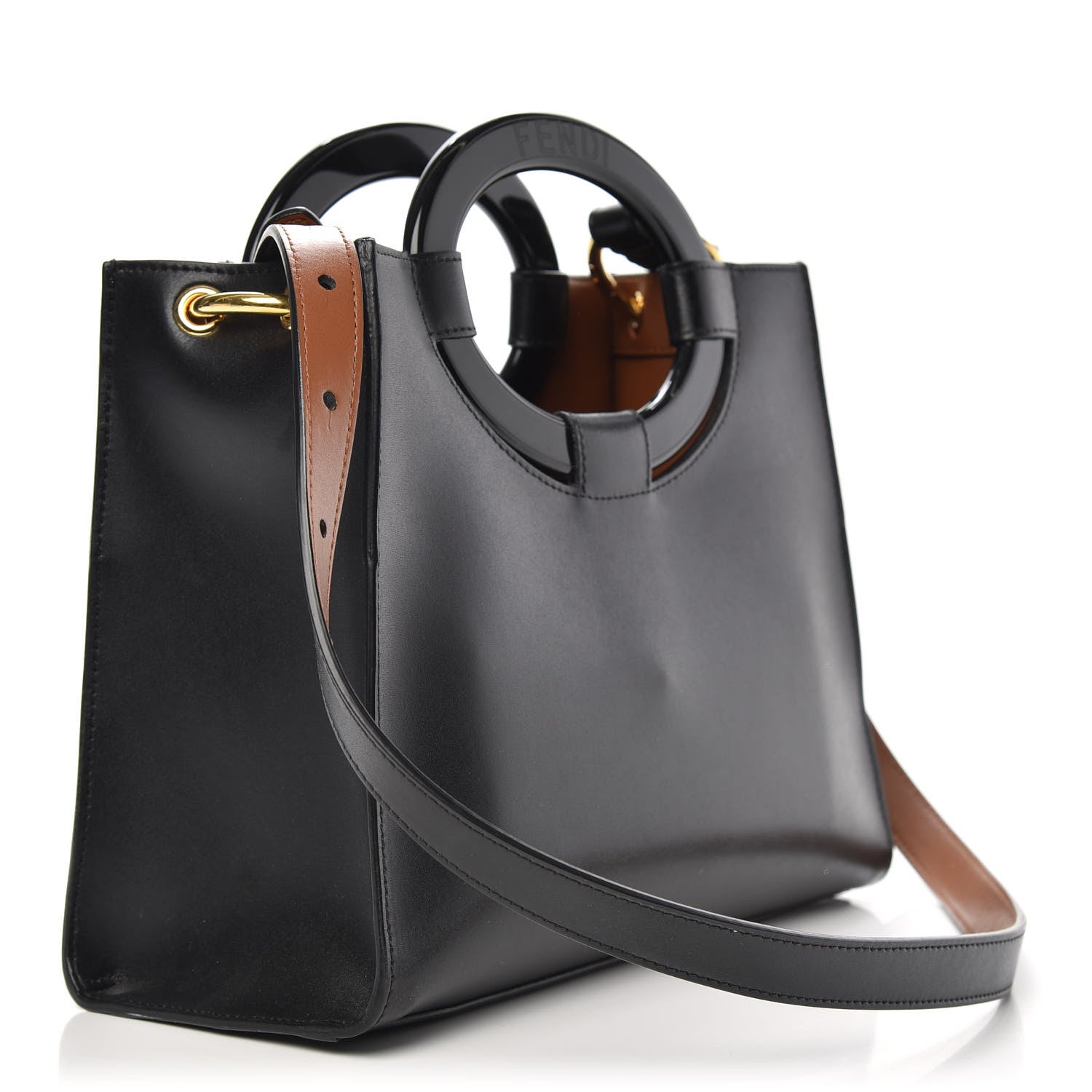 Fendi Vitello Liberty Plexiglass Stamp Patch Perforated Small Runaway Shopper Tote Black 3 of 9