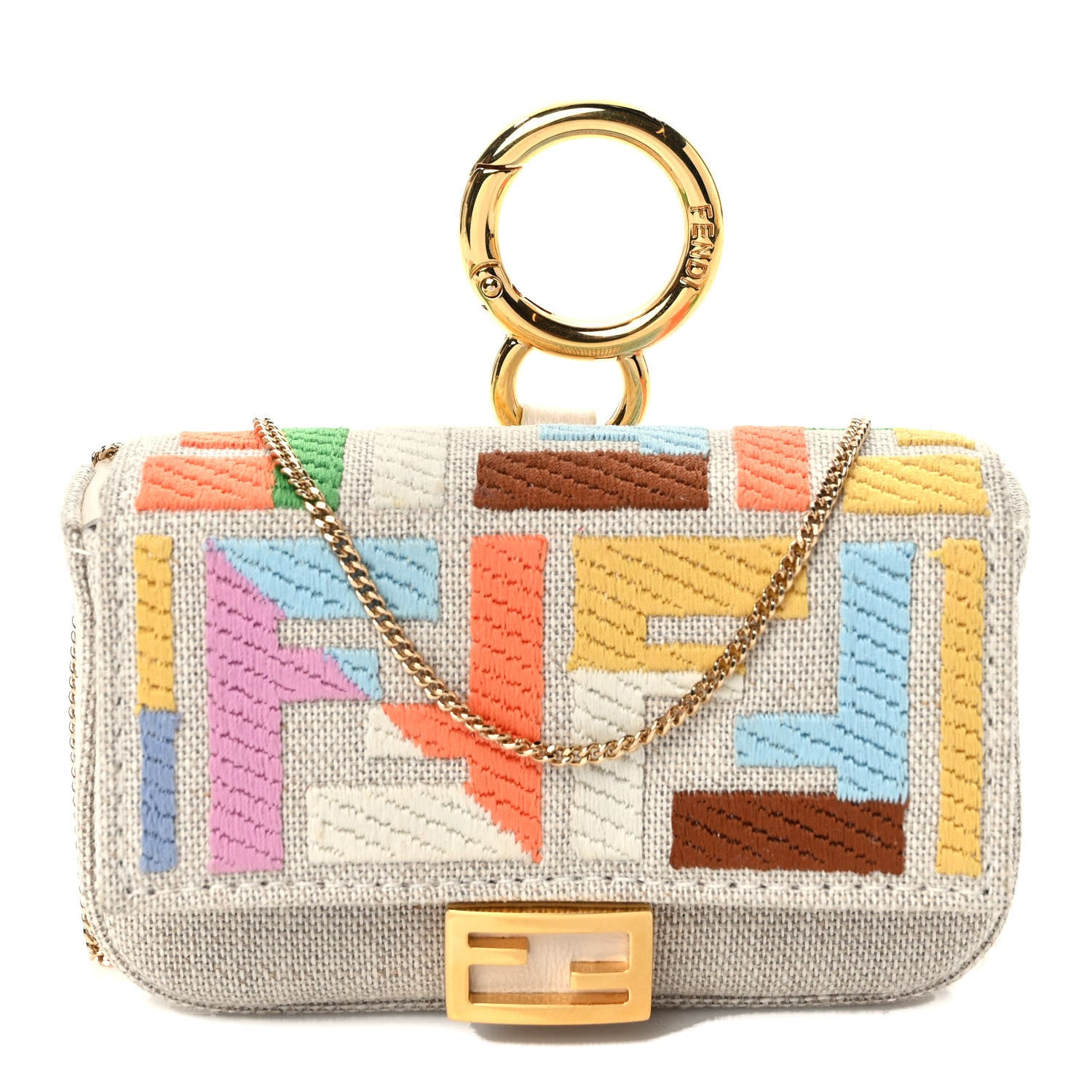 Fendi Kuban Canvas FF Embroidered Nano Baguette Charm Grezzo Multicolor 1 of 9