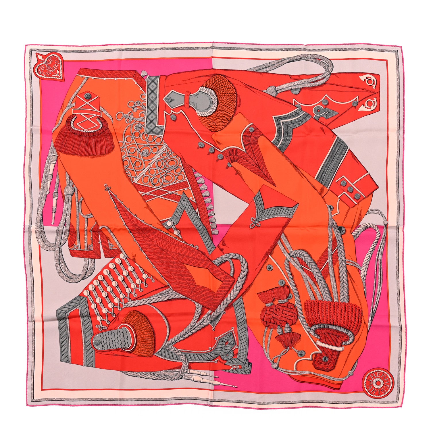 Hermes Washed Silk Zouaves Et Dragons Scarf 90 Rouge Rose Vif Gris 1 of 6