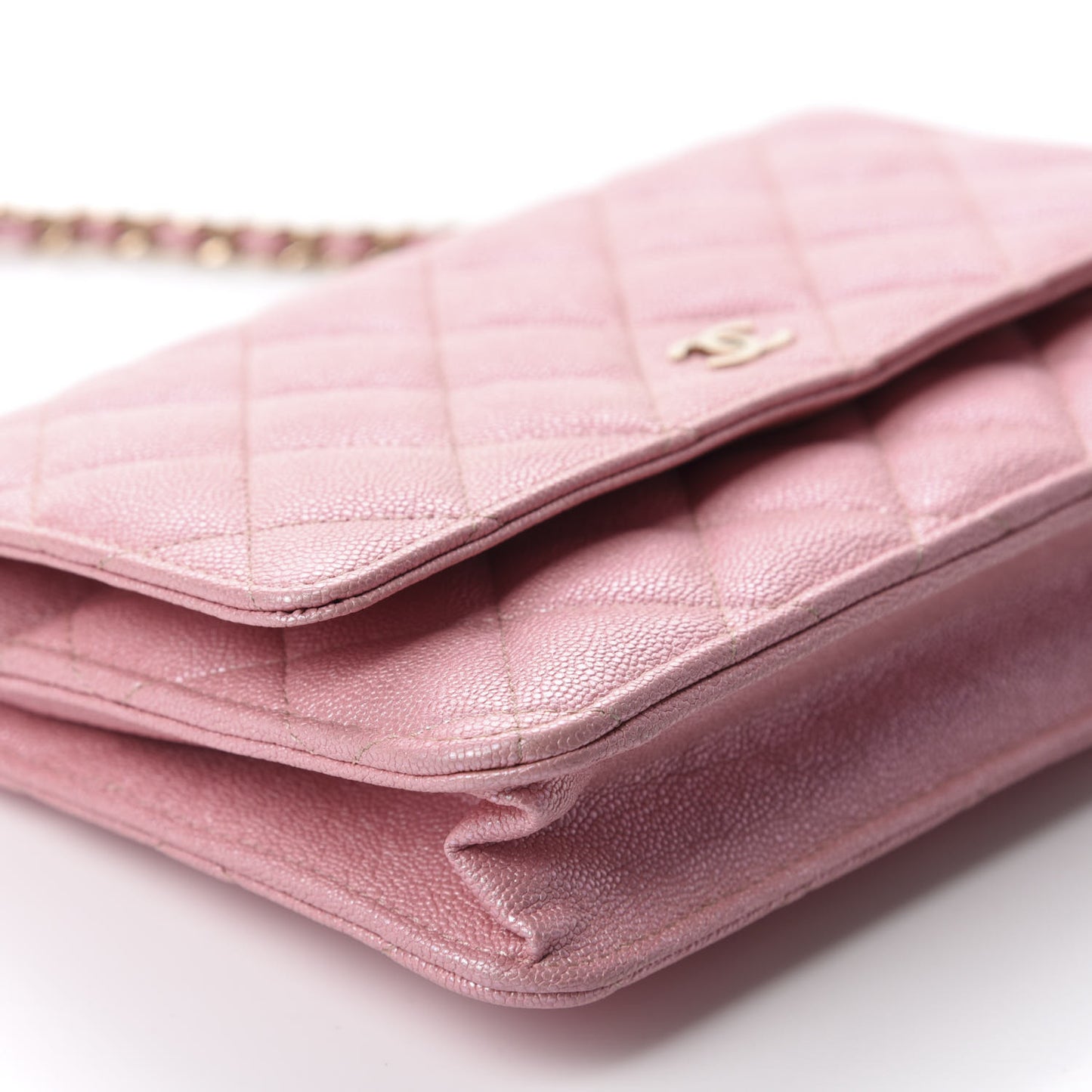 Iridescent Caviar Quilted Wallet on Chain WOC Rose Pink