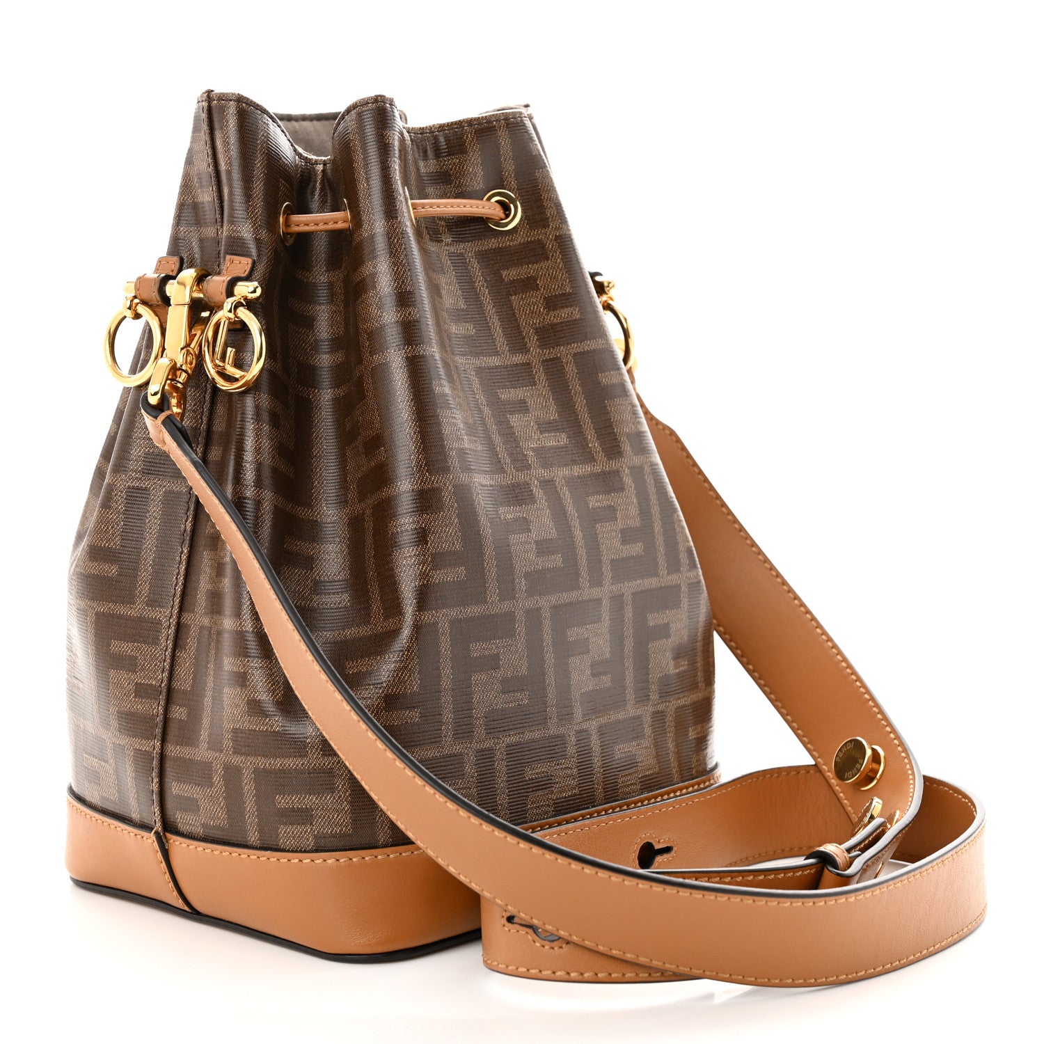 Fendi Glazed Fabric Vitello Grace F is Fendi FF 1974 Stamp Patch Grande Mon Tresor Bucket Bag Mogano Panna Nocciola 3 of 10