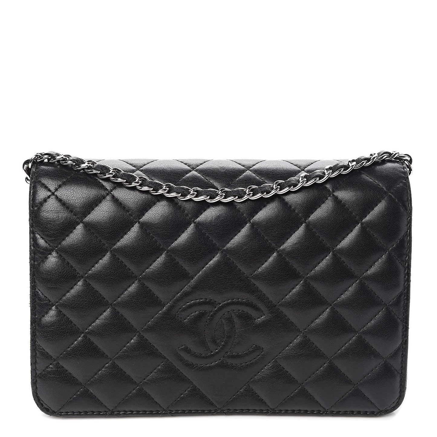 Lambskin Quilted Diamond CC Wallet On Chain WOC Black
