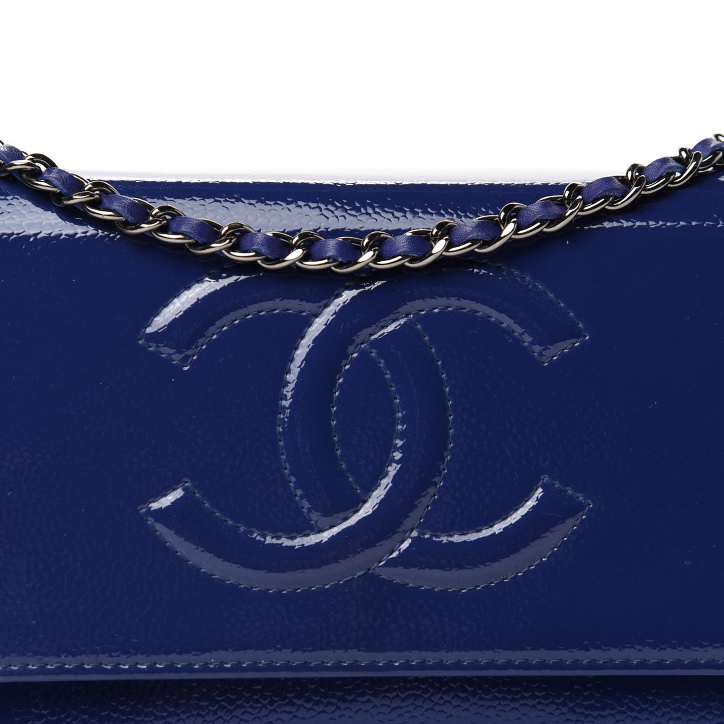 Grained Patent Calfskin Timeless Wallet On Chain WOC Blue