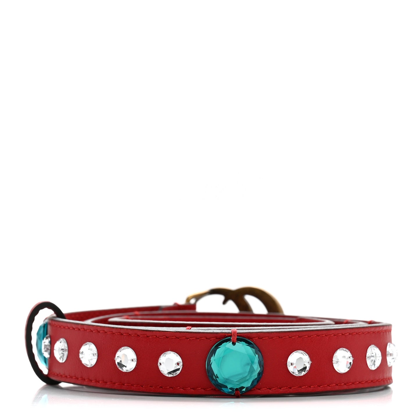 Calfskin Crystal Embellished Double G Belt 75 30 Hibiscus Red