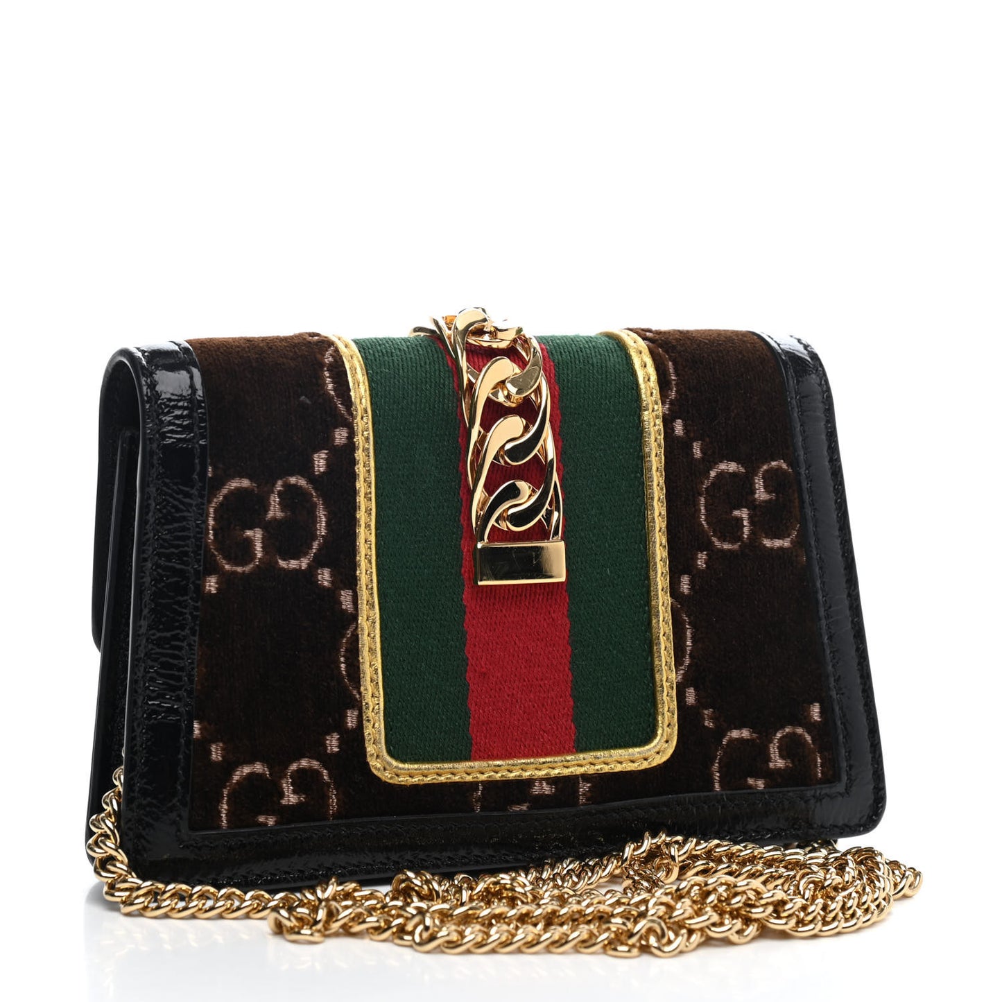 Velvet GG Monogram Web Super Mini Sylvie Chain Shoulder Bag Brown Black Oro Vecchio