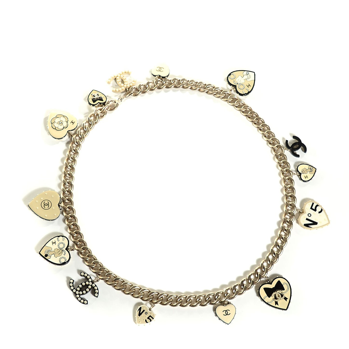 Resin Pearl Coco CC Heart Chain Belt Light Gold