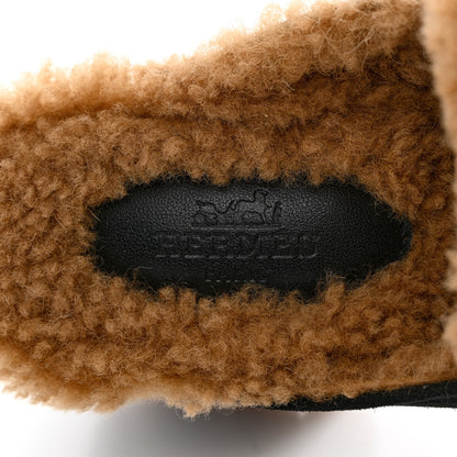 Hermes Suede Goatskin Woolskin Flore 60 Mules 37 Black Camel 6 of 8