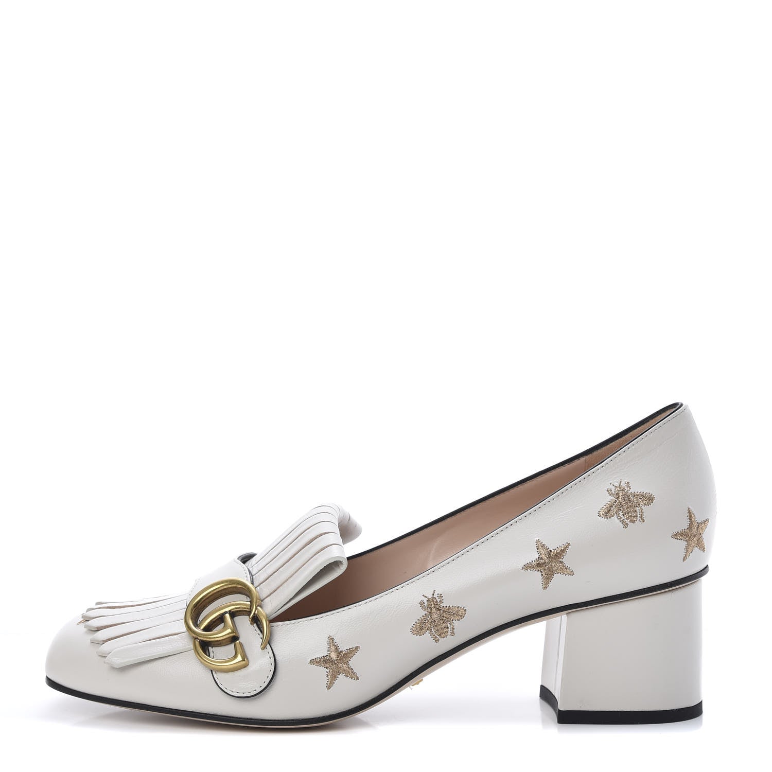 Gucci Quentin Goatskin Bee Star Embroidered GG Marmont Fringe 50mm Loafer Pumps 40.5 Mystic White 1 of 9