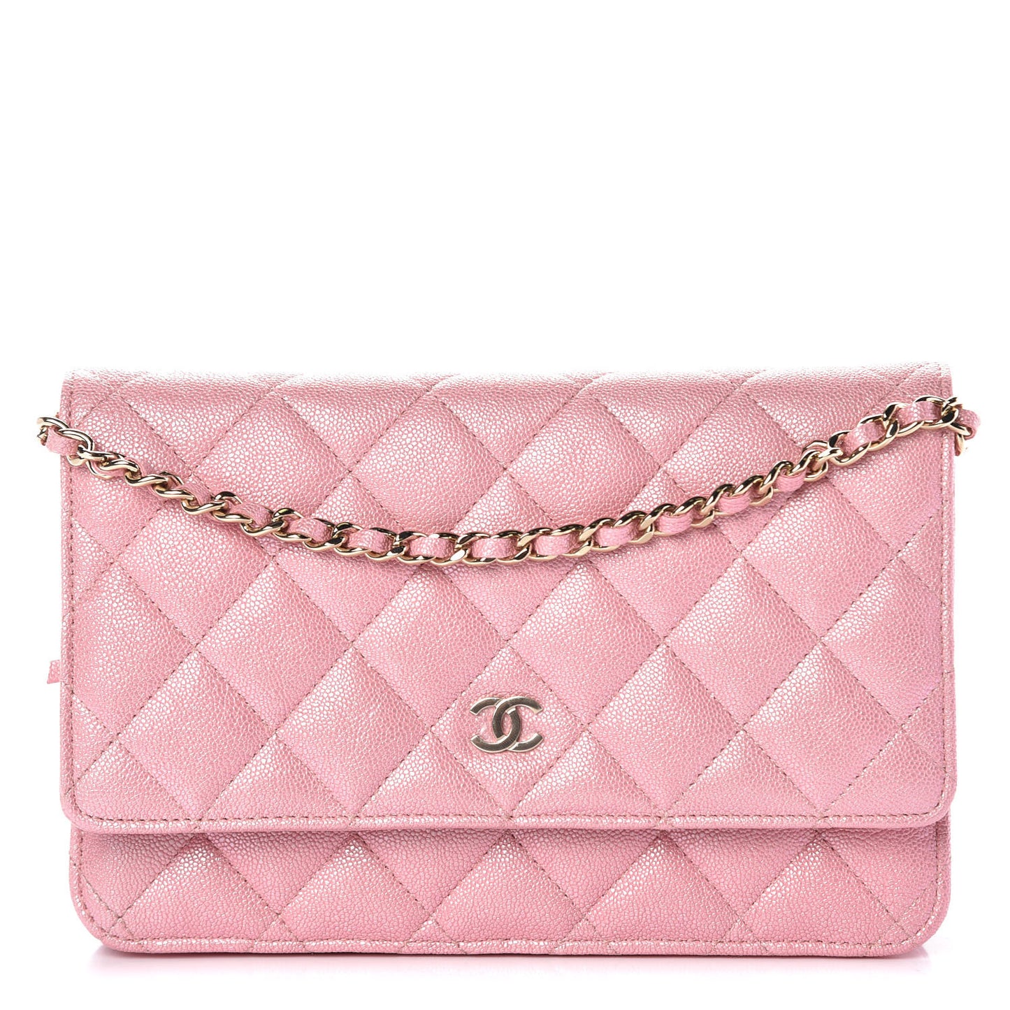 Iridescent Caviar Quilted Wallet on Chain WOC Rose Pink