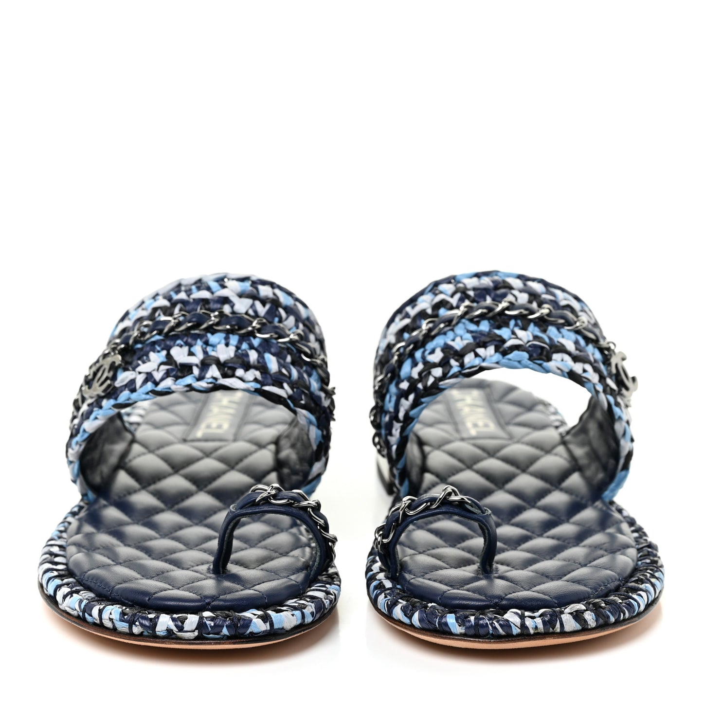 Raffia Lambskin Woven Chain CC Toe Ring Sandals 38.5 Blue White Navy