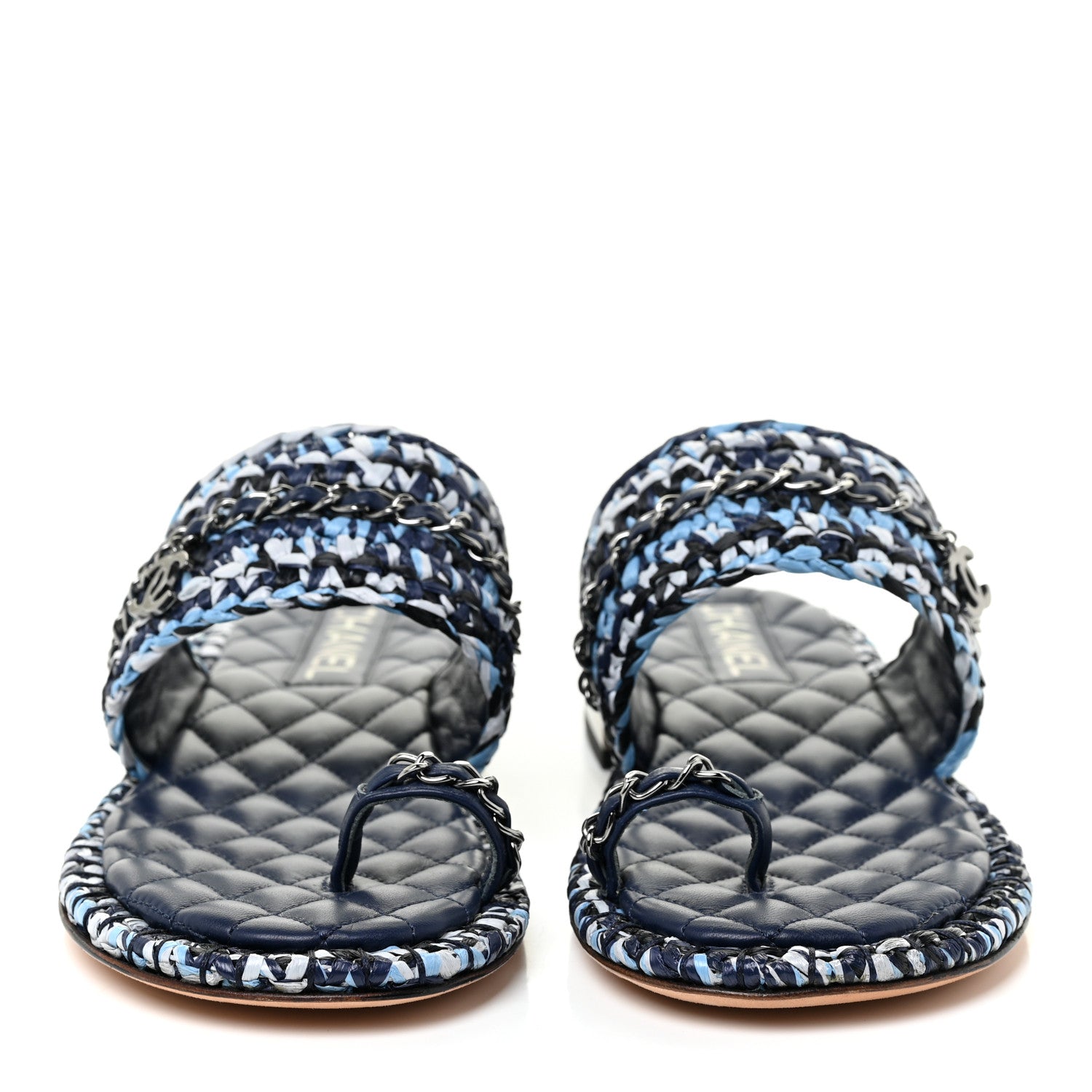 Chanel Raffia Lambskin Woven Chain CC Toe Ring Sandals 38.5 Blue White Navy 2 of 12