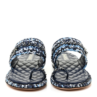 Chanel Raffia Lambskin Woven Chain CC Toe Ring Sandals 38.5 Blue White Navy 2 of 12