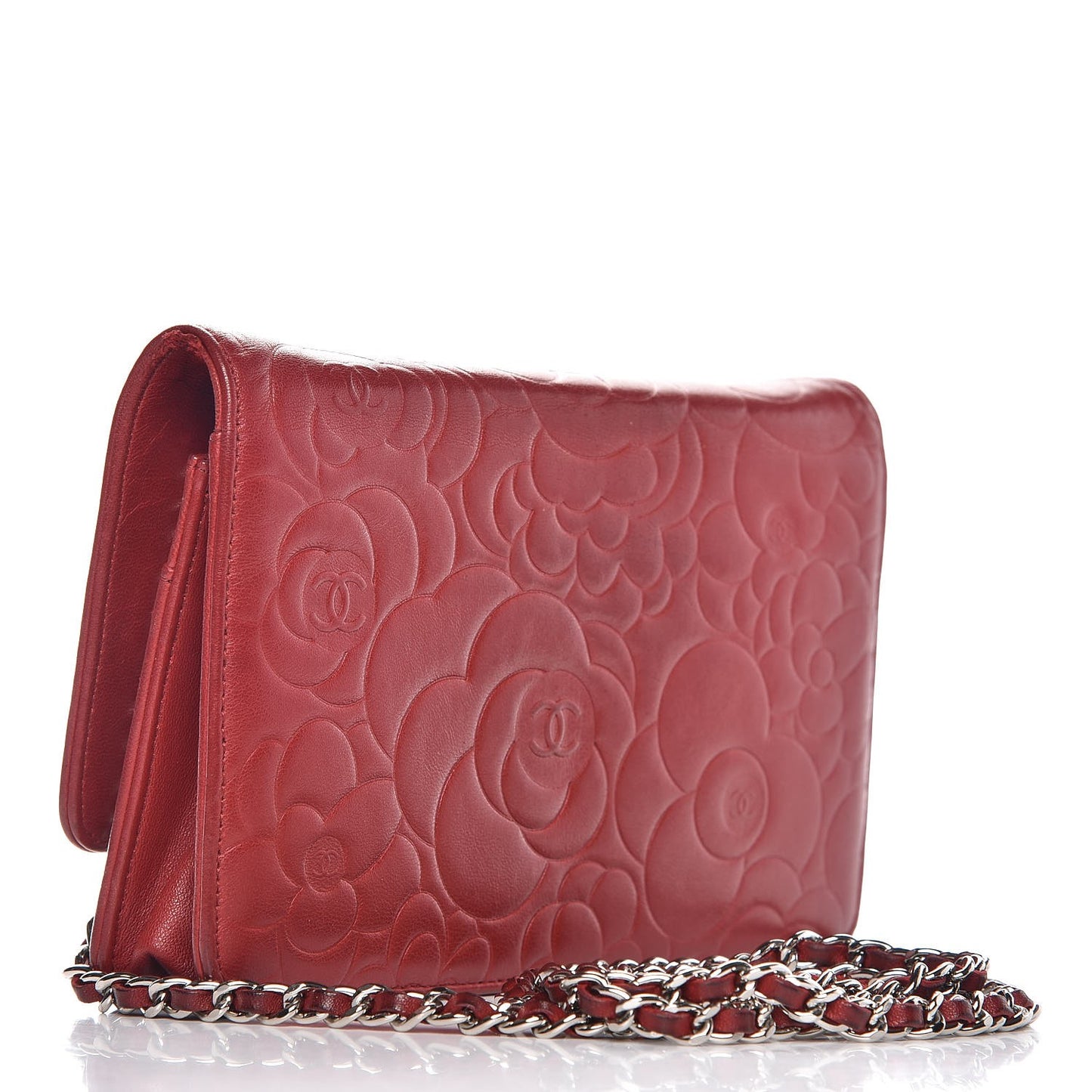Lambskin Camellia Embossed Wallet On Chain WOC Dark Red