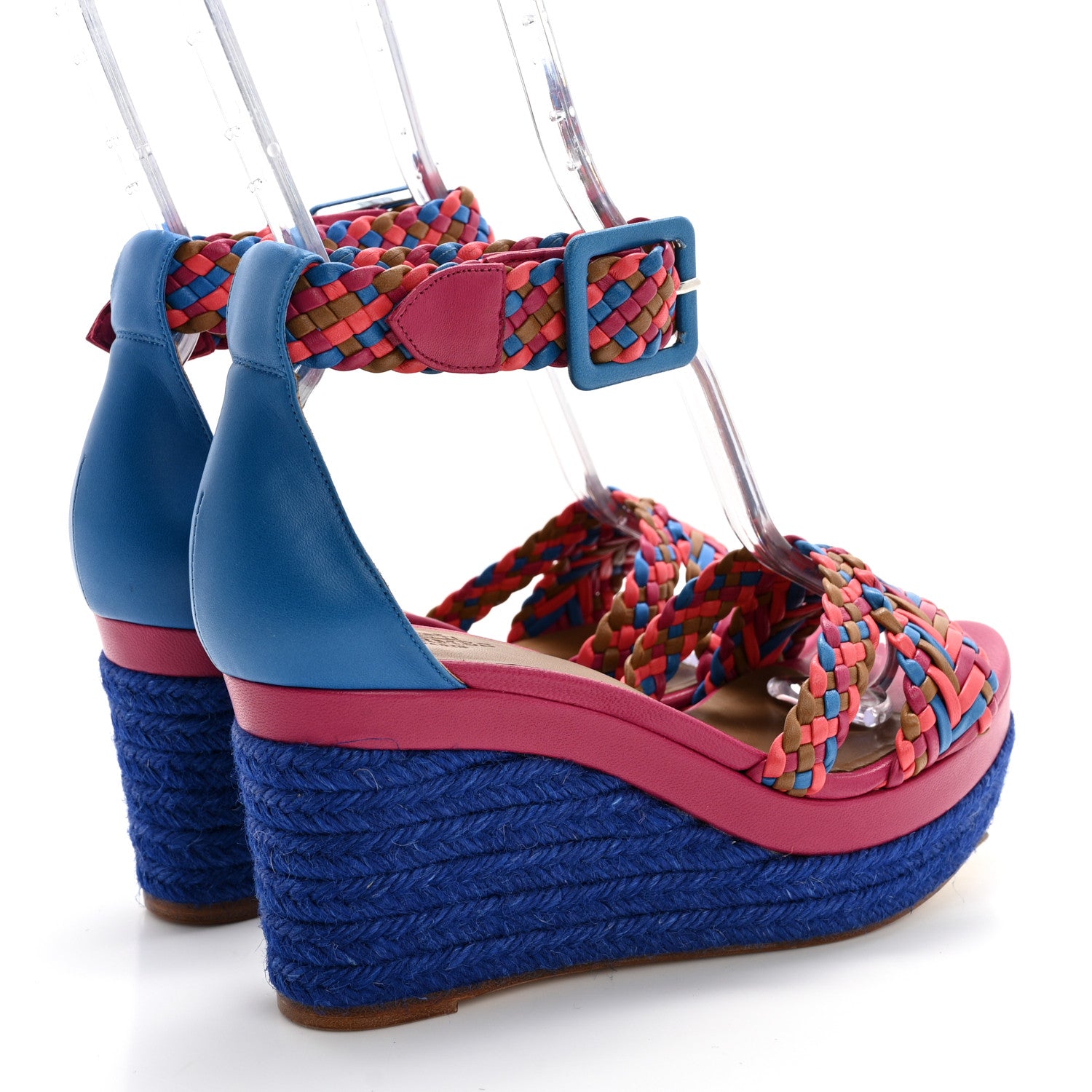 Hermes Braided Nappa Ines Espadrille Wedge Sandals 37 Corail Multicolor 4 of 10