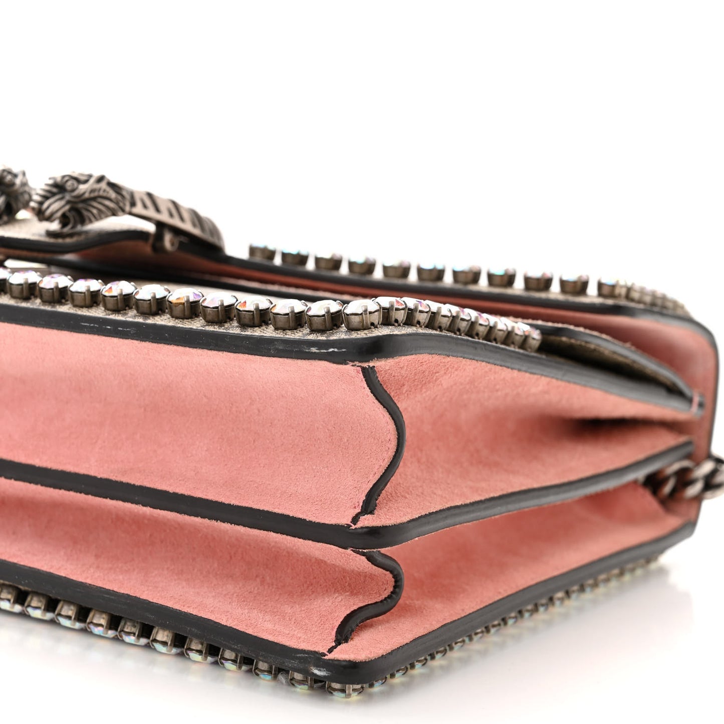 GG Supreme Monogram Suede Crystal Medium Dionysus Shoulder Bag Beige Ebony Light Peonia