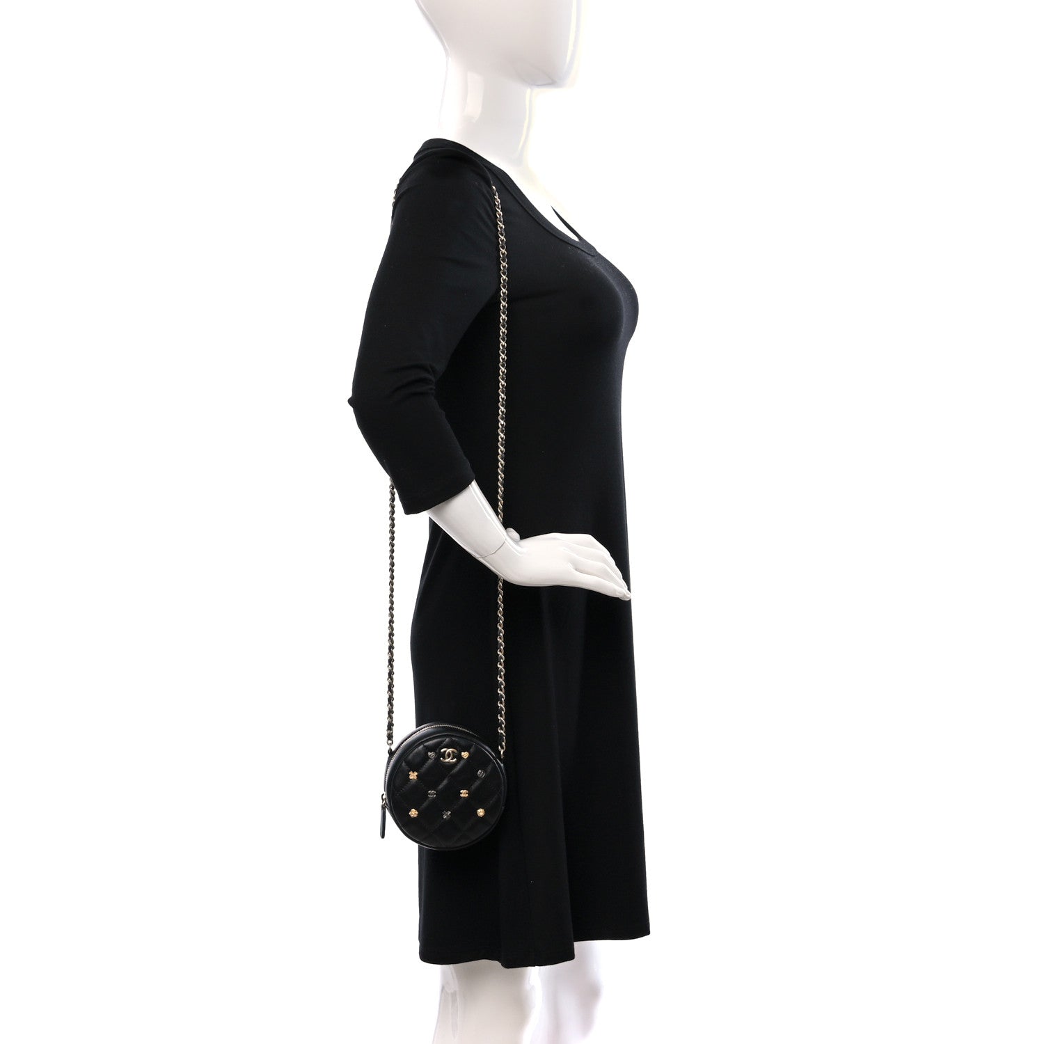 Chanel Lambskin Quilted Studded Round Clutch With Chain Black 2 of 9