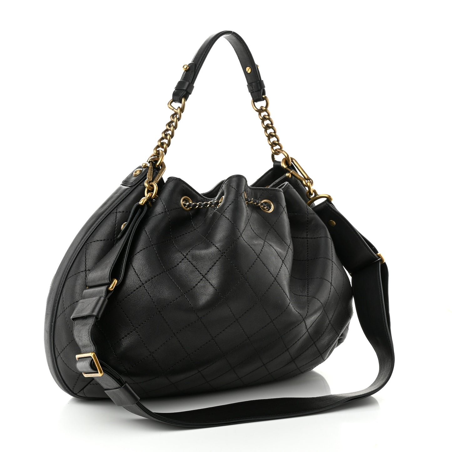 Calfskin Stitched Small Paris Rome Drawstring CC Bag Black