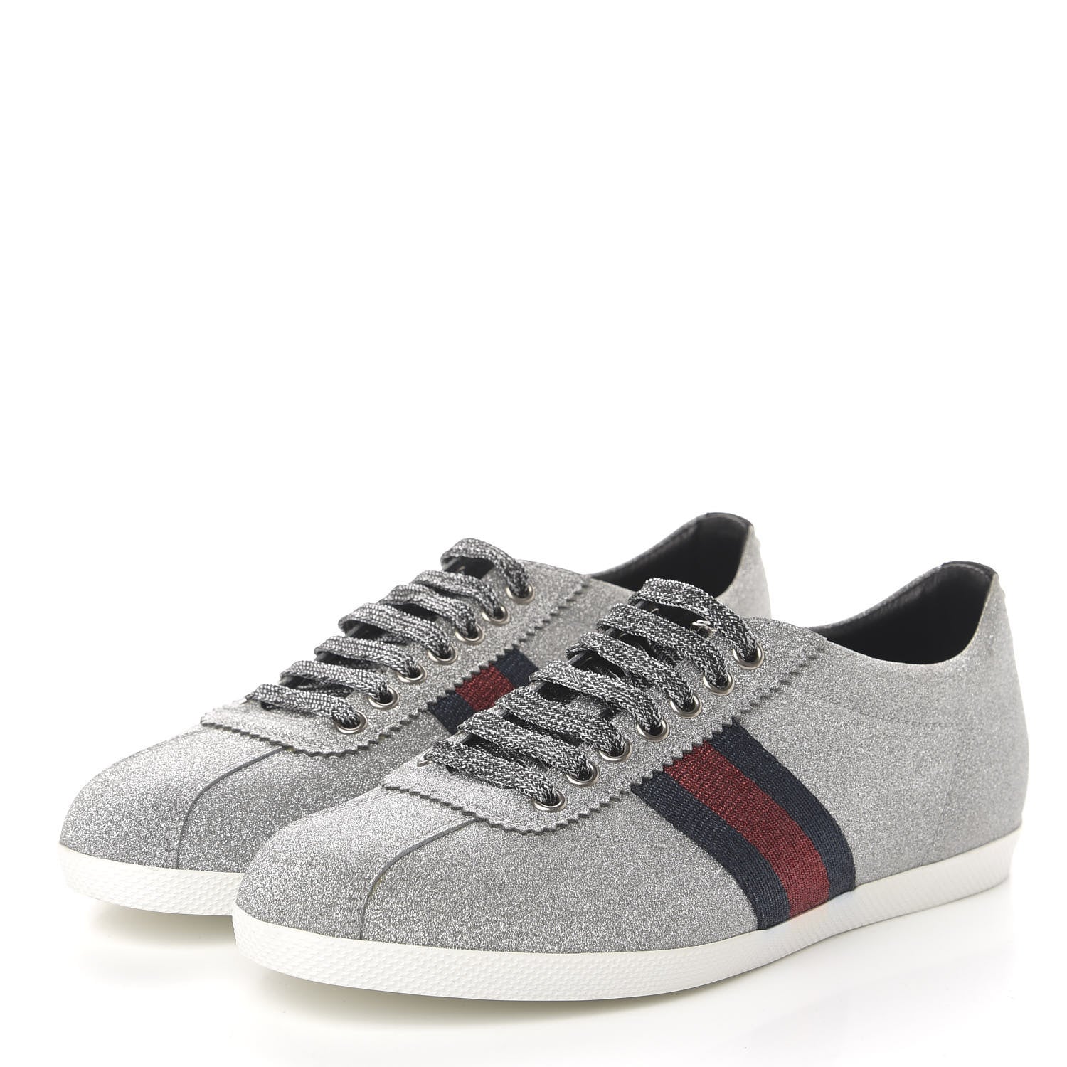 Gucci Metallic Calfskin Studded Bambi Web GG Sneakers 39.5 Silver 3 of 10
