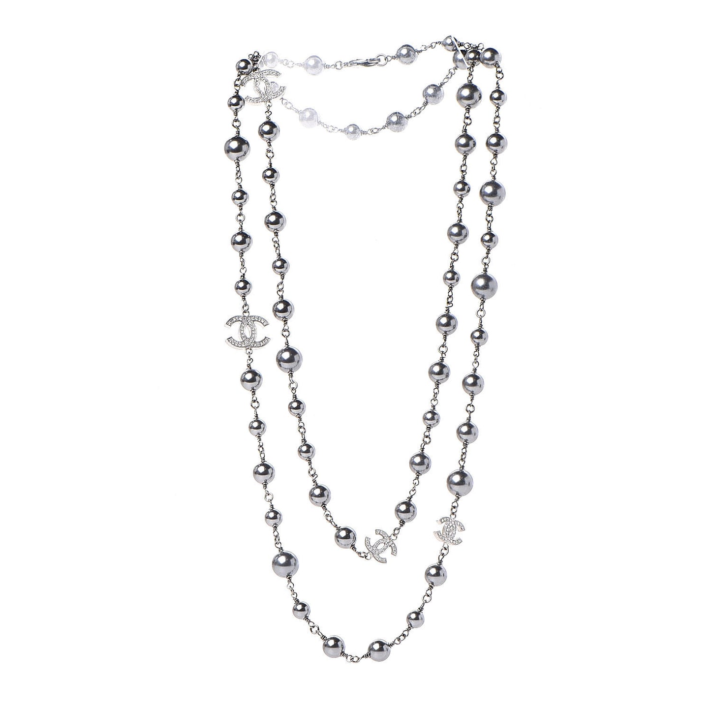 Crystal Pearl Beaded CC Long Necklace Ruthenium
