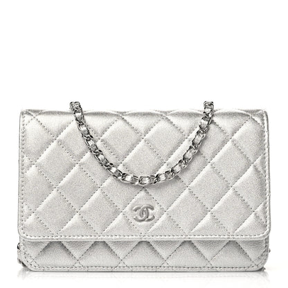 Chanel Metallic Lambskin Quilted Wallet On Chain WOC Silver 1 of 10