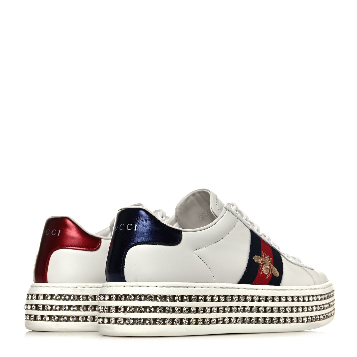 Calfskin Crystal Web Bee Embroidered Womens Ace Platform Sneakers 36 White
