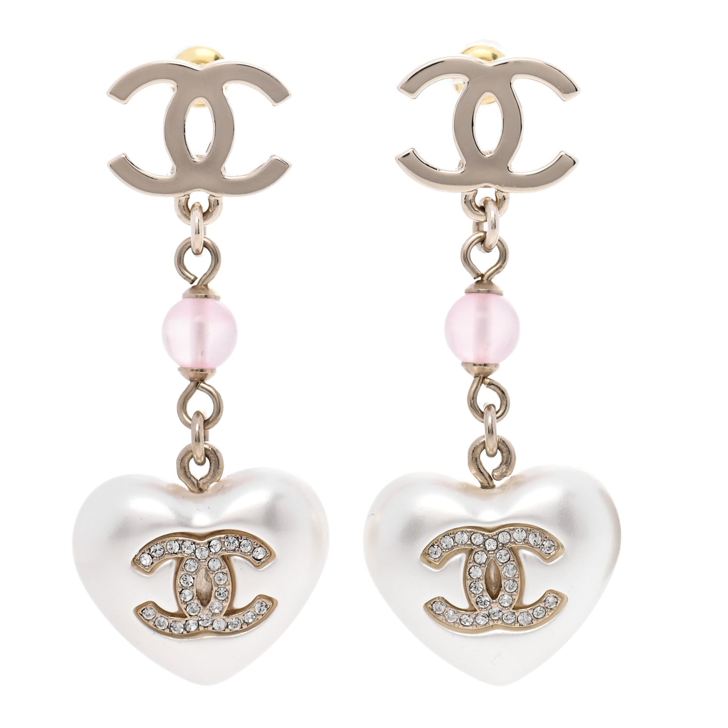 Metal Pearl Crystal Bead CC Heart Drop Earrings Pink Gold